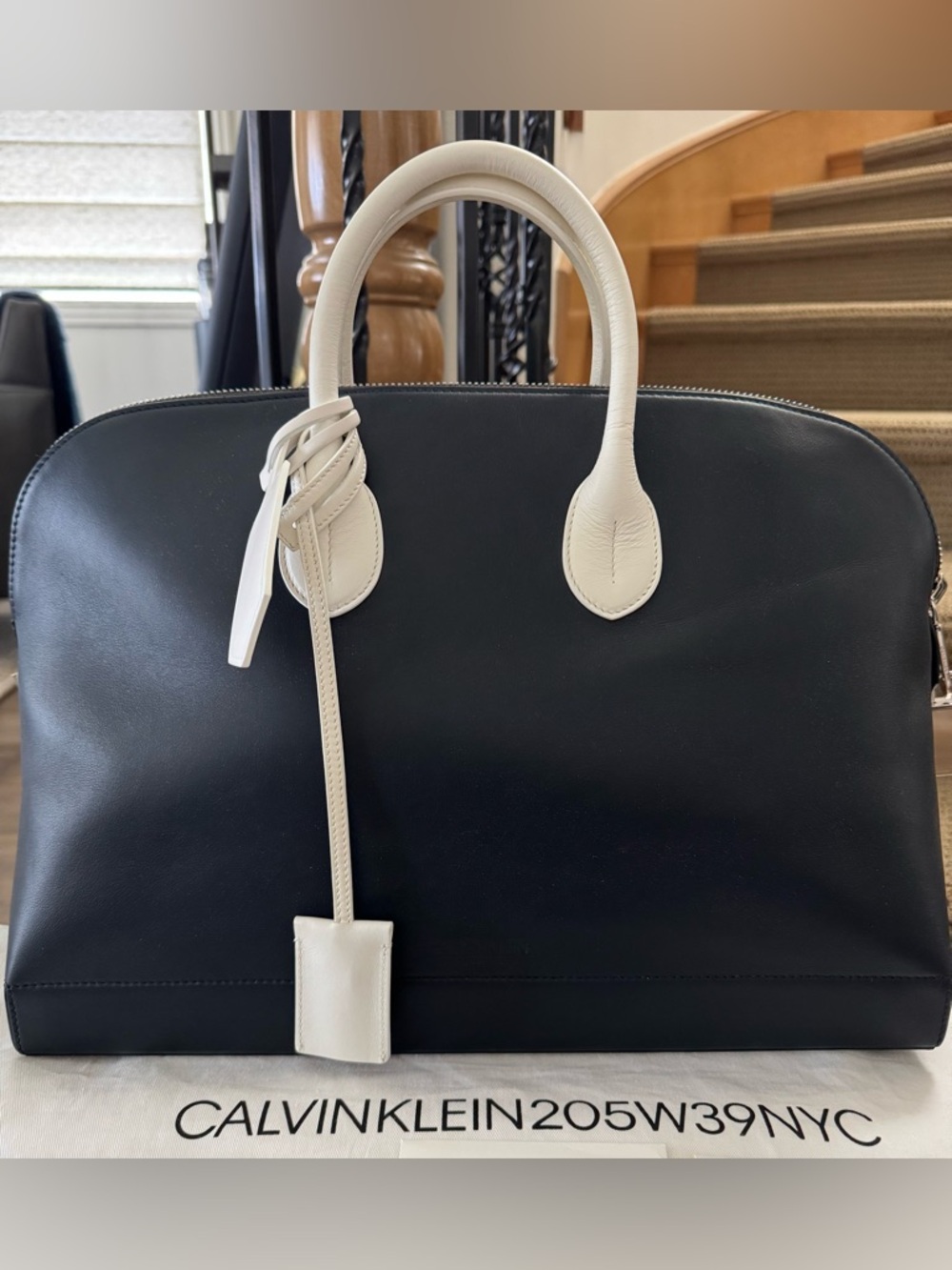 Calvin Klein 205W39NYC Collection Leather Bugatti Satchel Navy Blue/ White